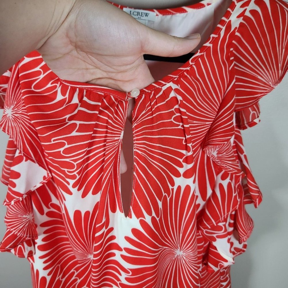 J Crew Dress Womens S Red Orange Floral Ruffle Flutter Sleeveless Keyhole Sun - Picture 7 of 12